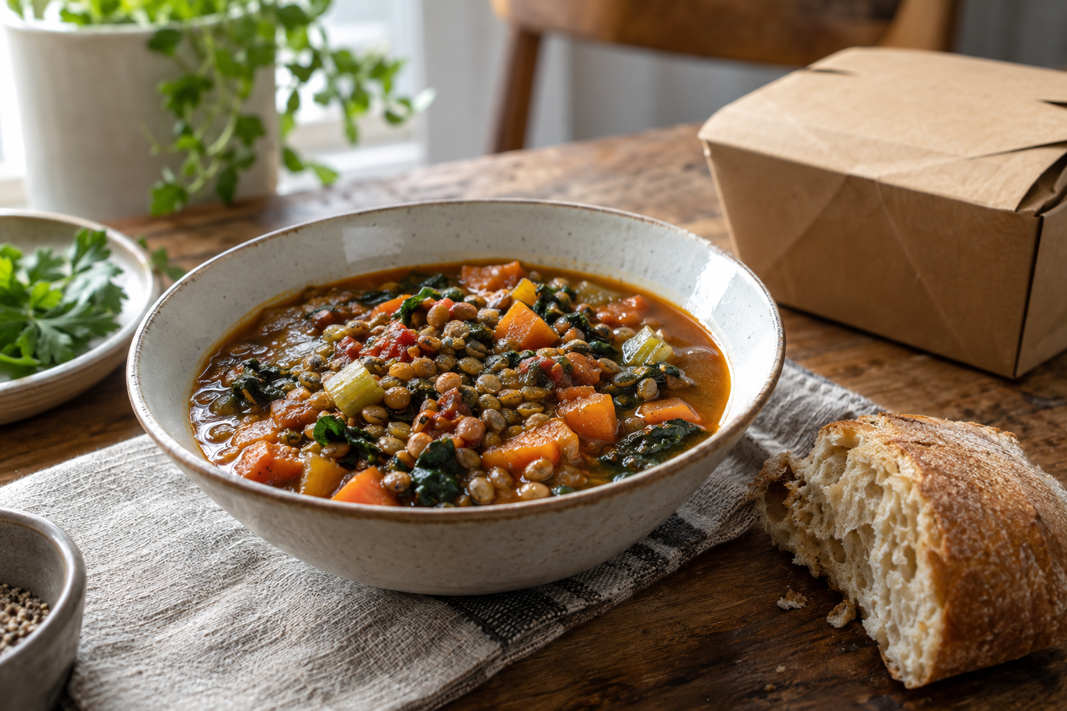 Bowl of vegetable and lentil stew with bread and a takeaway container on a table