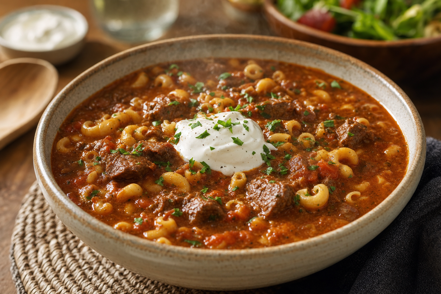 Rich beef and macaroni goulash topped with parsley and soured cream