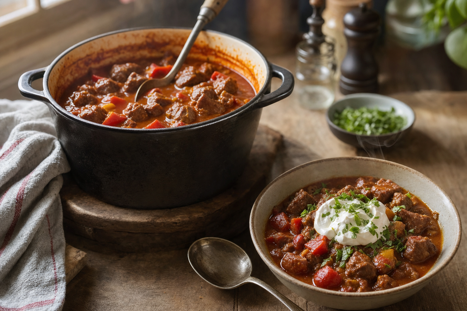 Paprika-rich beef goulash served with sour cream and parsley