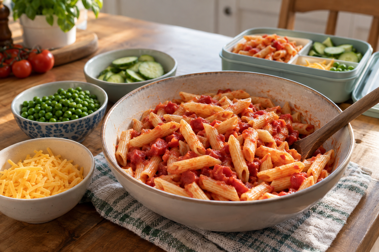 Short pasta with tomato sauce and separate toppings beside a packed lunch container.