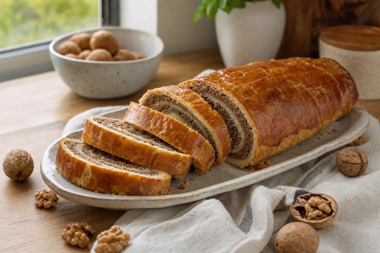 Sliced Croatian walnut orahnjača showing its walnut spiral