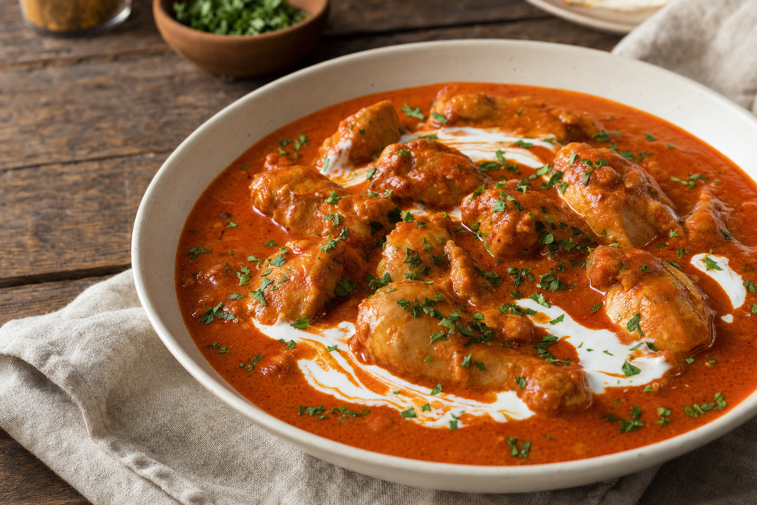Chicken paprikash in a ceramic bowl with sour cream and chopped parsley