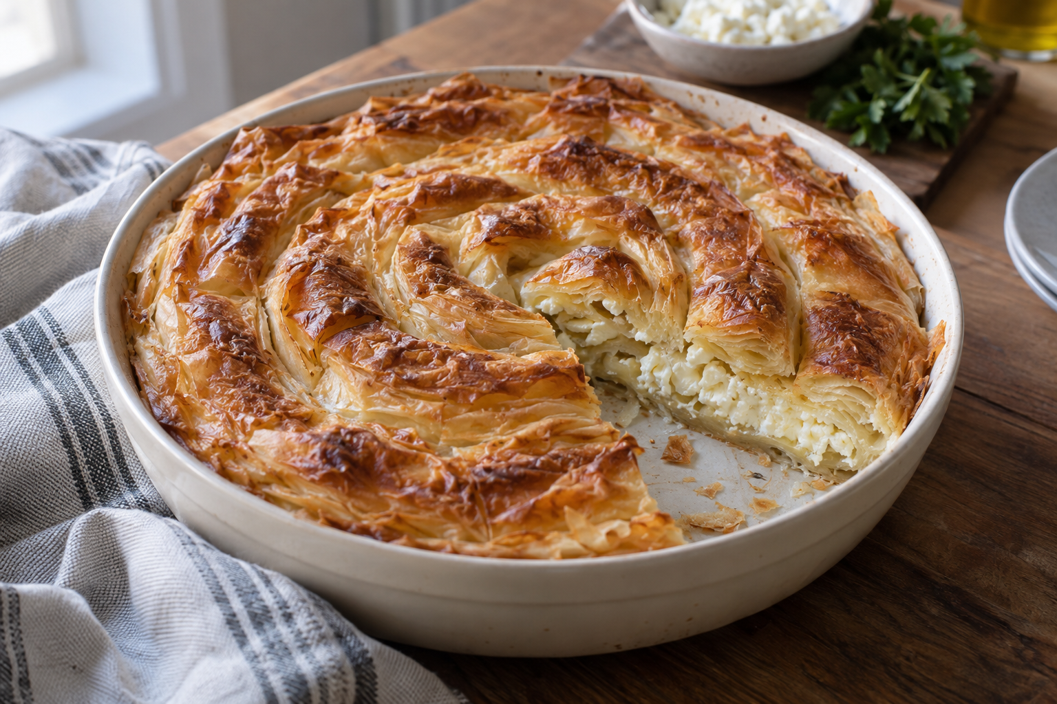 Golden spiral cheese burek with a wedge cut to show the cheese filling