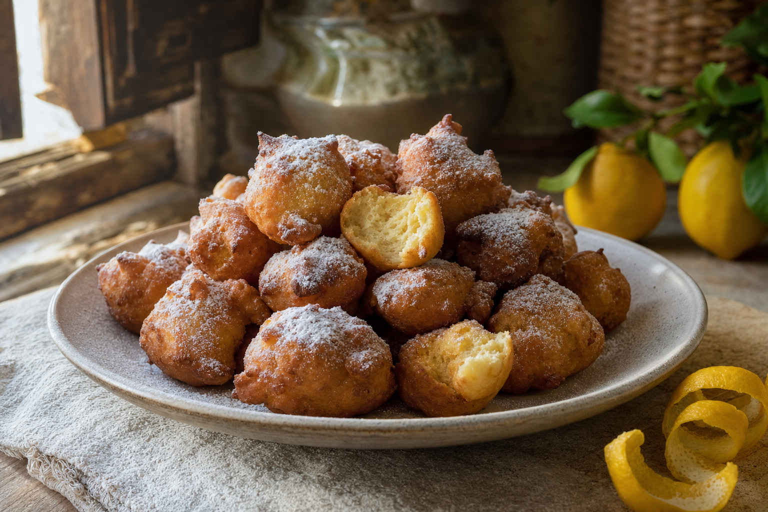 Golden Croatian fritule dusted with icing sugar on a ceramic plate
