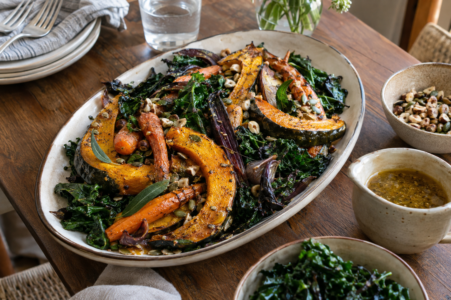 Roasted seasonal vegetables on a platter, with dressing and garnish served separately.