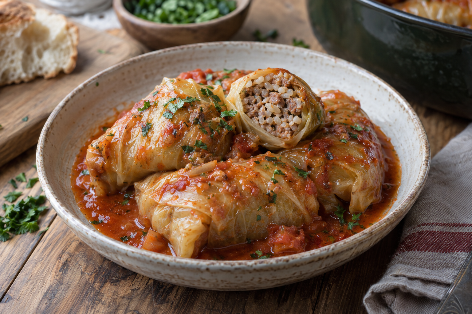 Cabbage rolls in tomato sauce, with one cut open to show the meat and rice filling