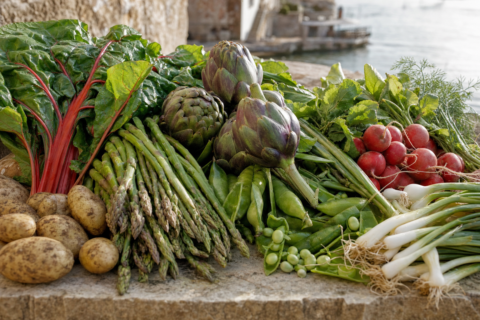 Croatian spring vegetables including asparagus, artichokes, broad beans, radishes, chard and young potatoes