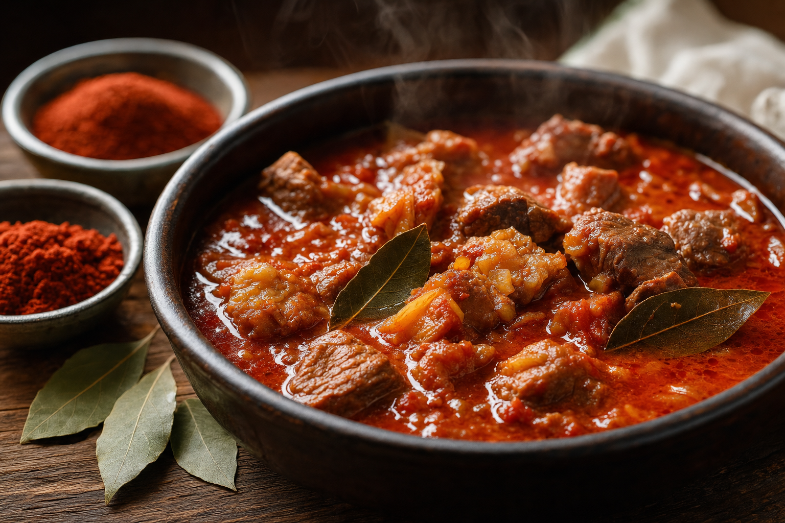 A bowl of red paprika-rich čobanac with tender meat and bay leaves