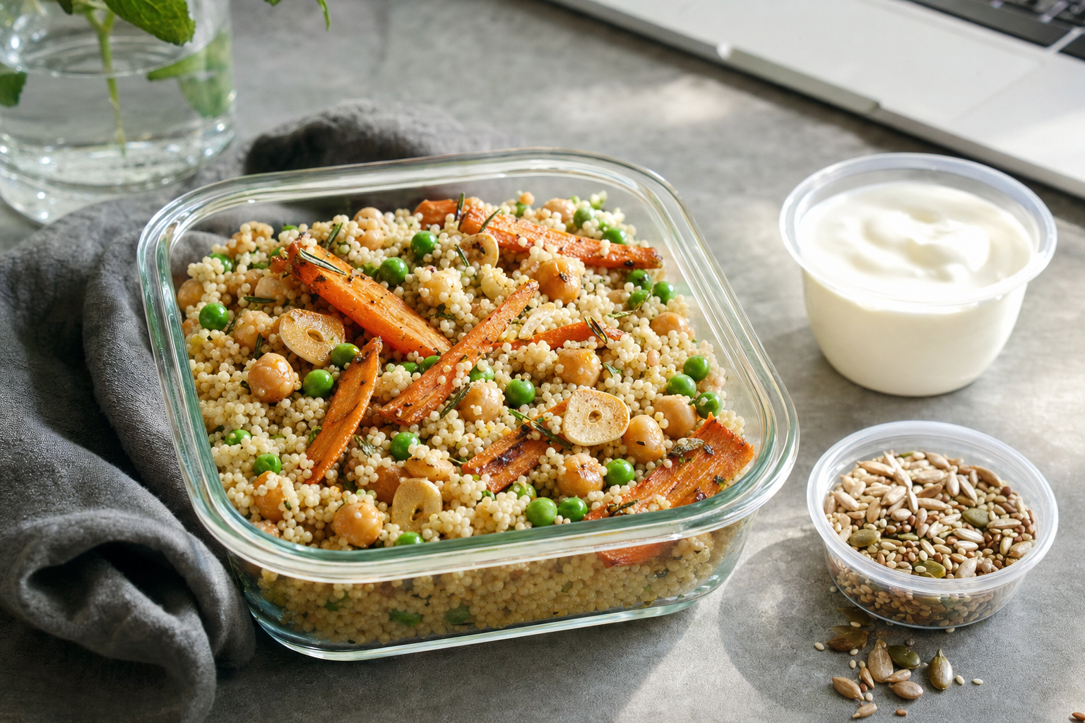 Couscous packed lunch with chickpeas, roasted carrots, peas, rosemary and golden garlic