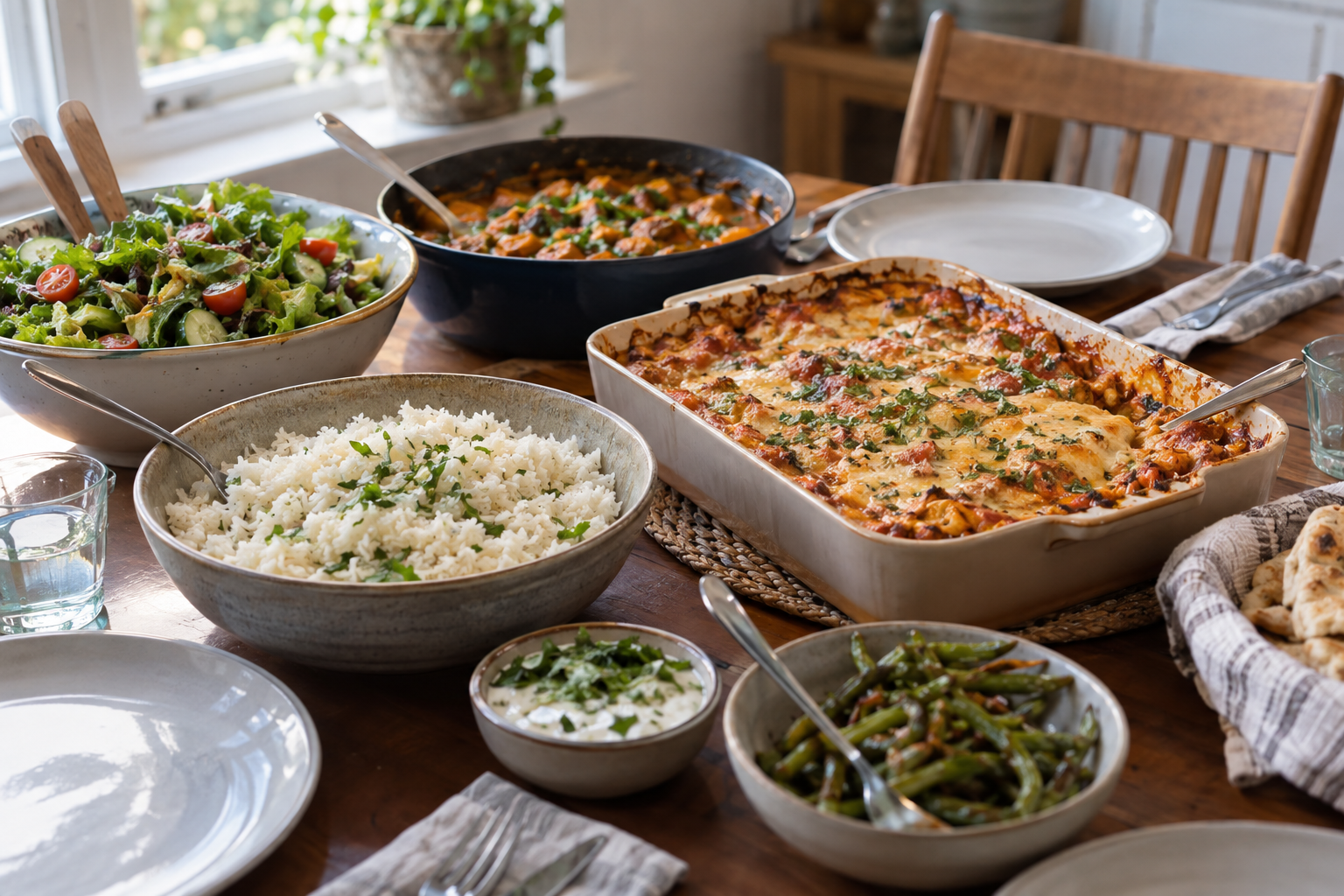 Shared dinner dishes, rice and salad set out on a table with plates ready for guests.