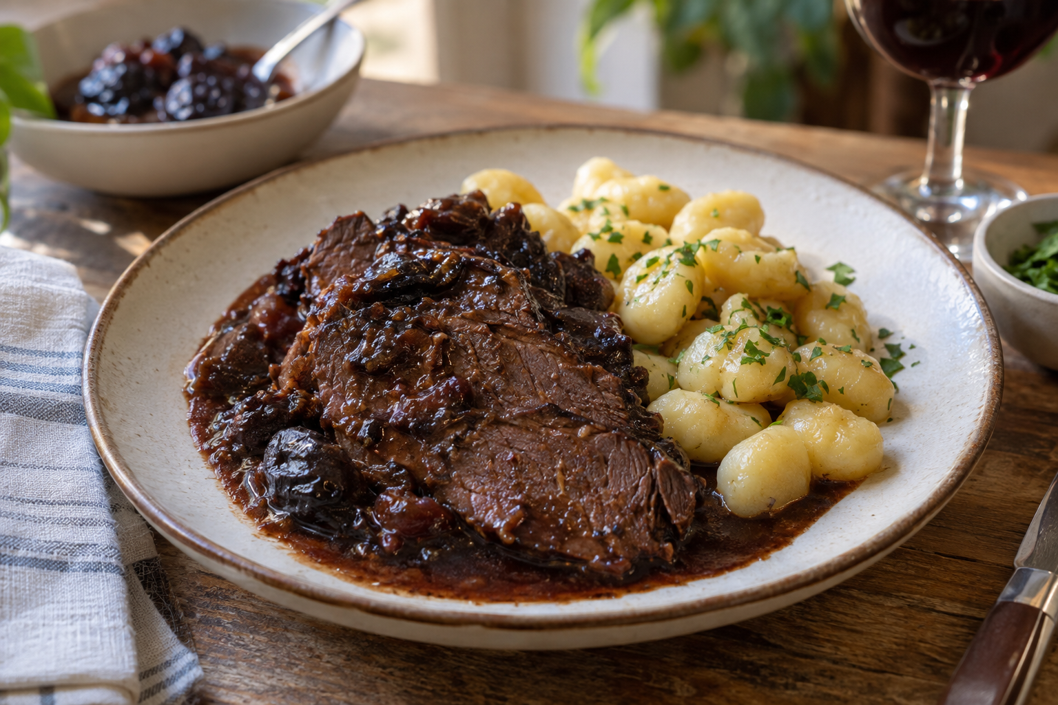 Slices of pašticada in a dark sauce served with gnocchi on a ceramic plate.