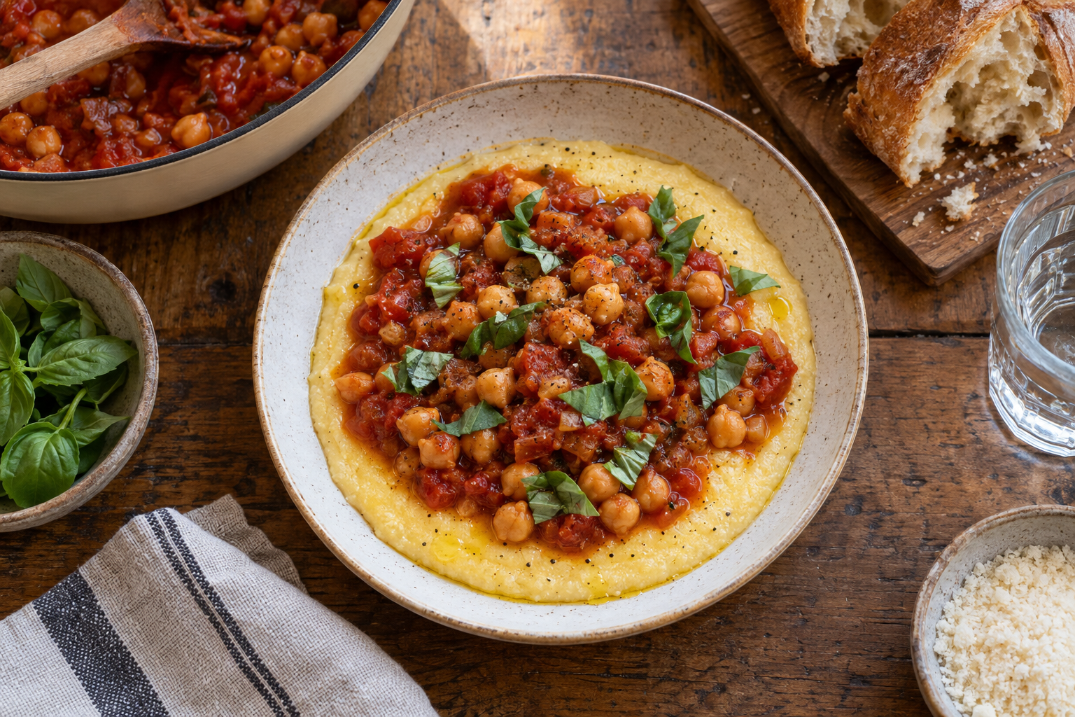 Creamy polenta topped with tomato chickpeas, alongside bowls of mushrooms and roasted peppers.